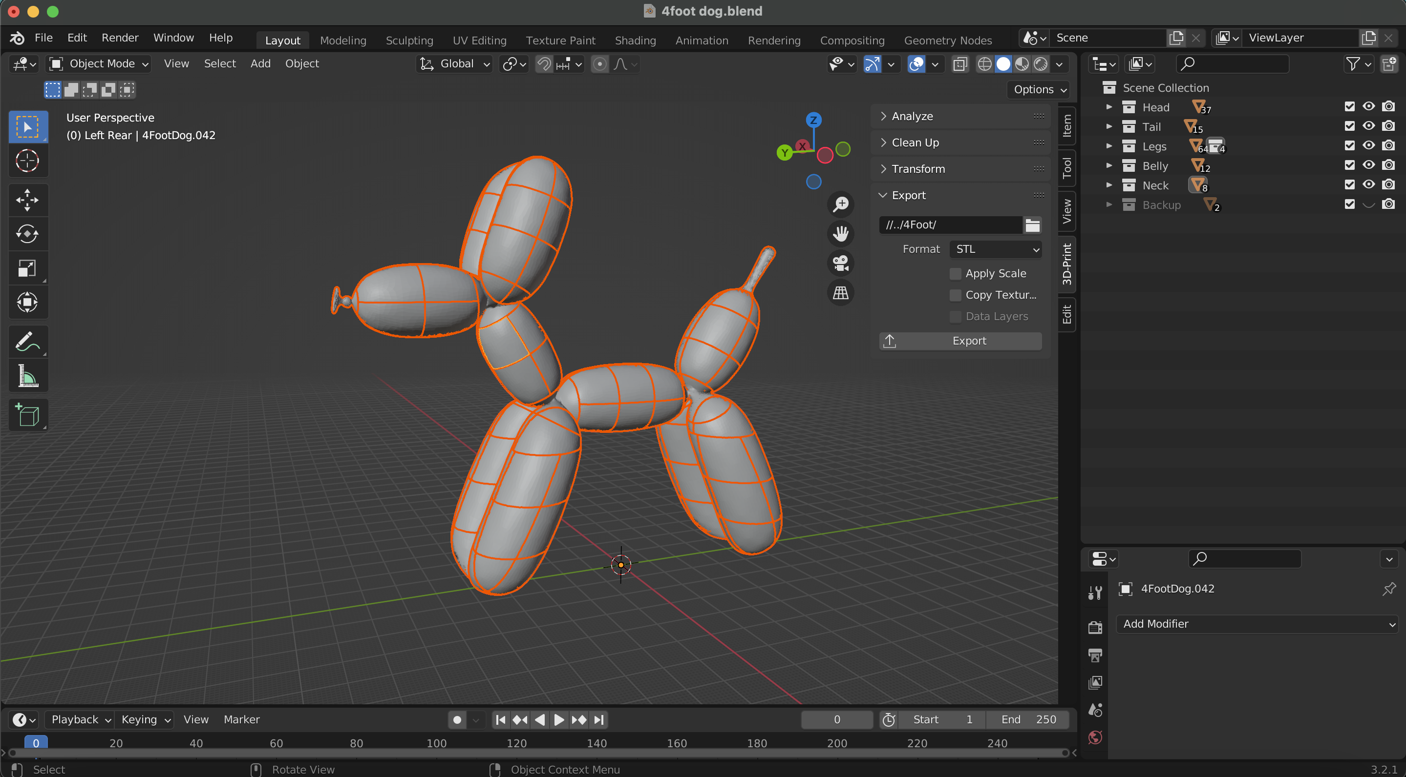 a screenshot of a Blender project displaying a large balloon dog model cut into pieces