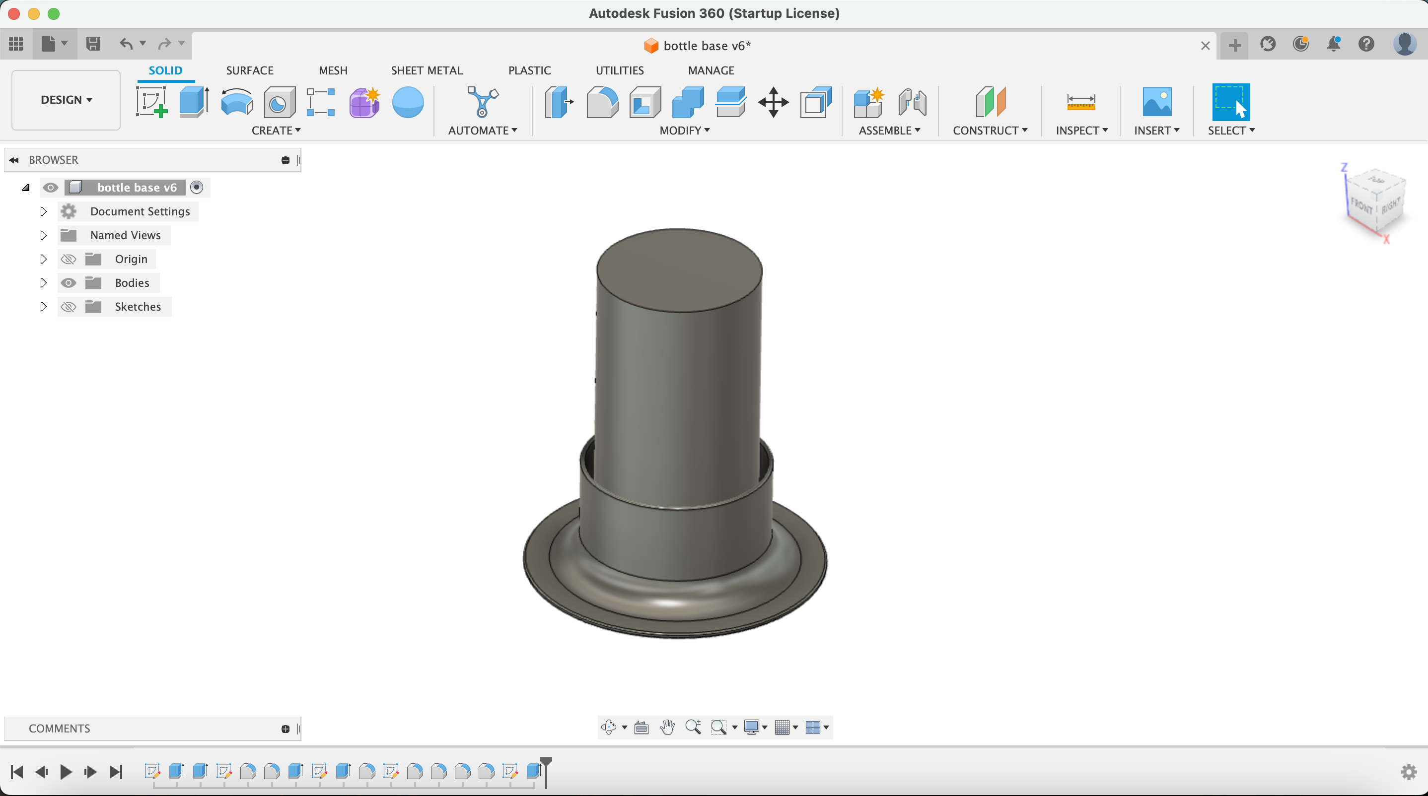 screenshot of Fusion 360 and the modeling of a hydroflask holder.